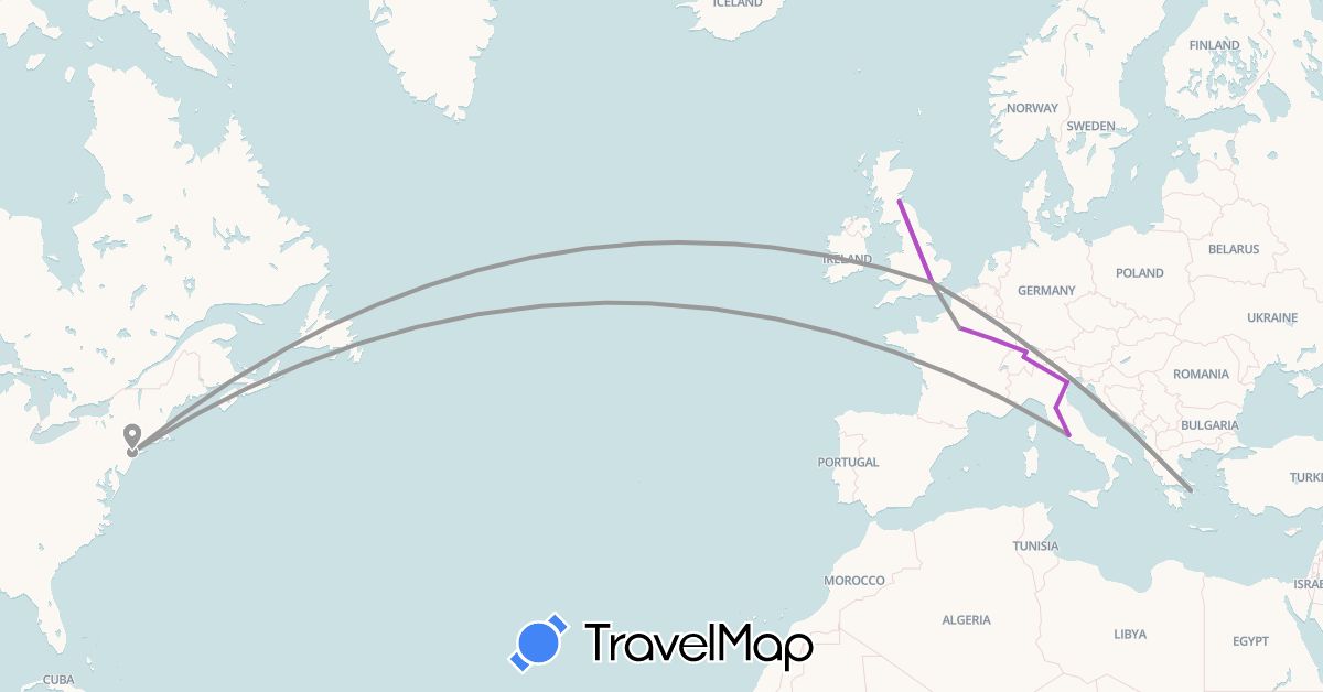 TravelMap itinerary: plane, train in Switzerland, France, United Kingdom, Greece, Italy, United States (Europe, North America)